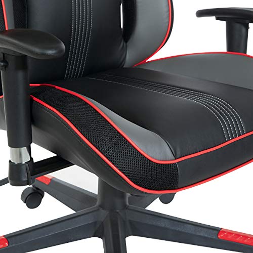 OSP Home Furnishings BOA II Ergonomic Adjustable High Back Gaming Chair with Thick Padded Coil Spring Seat, Built-in Lumbar Support and Headrest, Black with Red Accents