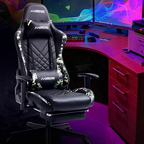 ANBEGE Gaming Chair Retractable Footrest 2D Armrest Office Chair Height Adjustable Leather High Back Ergonomic Headrest Massage Lumbar Cushion Swivel Rocker Recliner Computer Chair (CAMO)