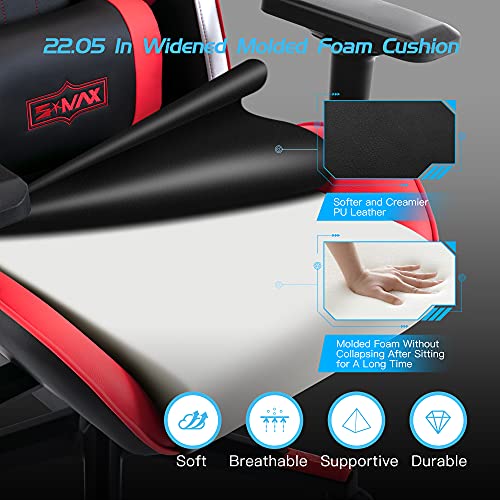 S*MAX Gaming Chair with Wide Seat Ergonomic Computer Gamer Chair with 4D Armrest Creamy PU Leather Headrest and Lumbar Support Racing Style High Back Video Game Chairs for Adults Black and Red