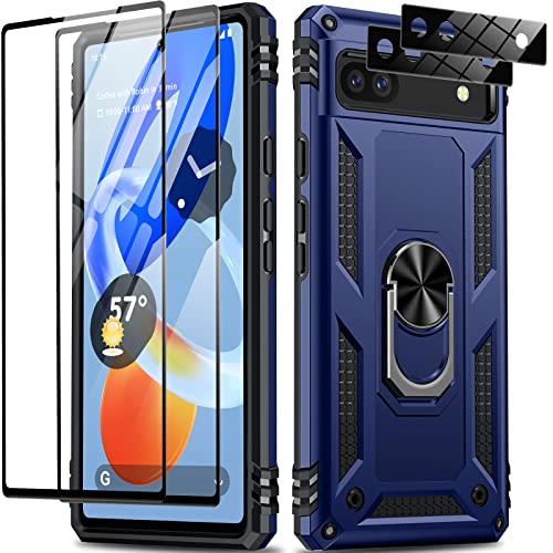 Joytra for Google Pixel 6A Case [5 in 1],Shockproof Protective Case with Rotatable Ring Kickstand [with 2Pack Tempered Glass Screen Protector+2Pack Camera Lens Protector] Case for Pixel 6A (Blue)
