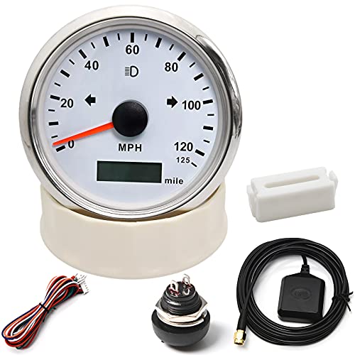 ARTILAURA GPS Speedometer 125MPH 85mm Car Speedometer Gauge Motorcycle Speed Odometer Mileage Adjustable Overspeed Alarm for Universal Car Boat(White, 125MPH)