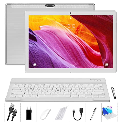 Android Tablet 10 Inch, 4GB RAM 64GB Storage, Android 10.0, Octa-Core Processor, Tablet with Keyboard, Large Battery, Dual Camera, Wi-Fi, Bluetooth, GPS, Mouse,Tablet Cover,LNMBBS Tablet,Silver