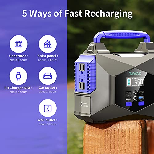 300W Portable Power Station, TAWAK 250Wh 67500mAh Backup Battery Power Supply with 110V/300W Pure Sine Wave AC Outlets 60W PD, Solar Powered Generator with LED Flashlight for Camping Outdoors