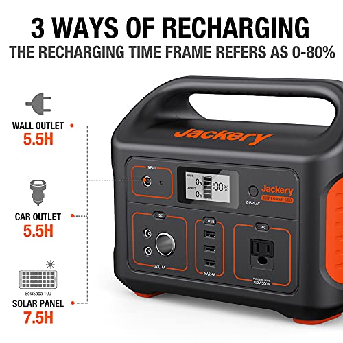 Jackery Portable Power Station Explorer 500, 518Wh Outdoor Solar Generator Mobile Lithium Battery Pack with 110V/500W AC Outlet (Solar Panel Optional) for Road Trip Camping, Outdoor Adventure