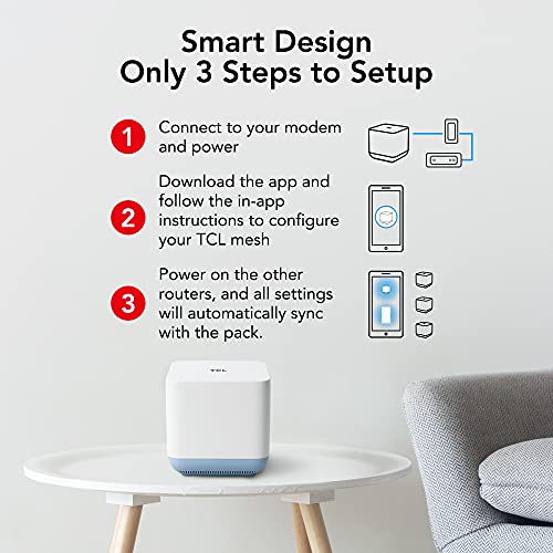 TCL Mesh Wi-Fi System, Gigabit Wifi Mesh Network Cover up to 100 Devices, Replaces WiFi Router and Extender, Whole-Home 4,500 Sq. ft. Coverage, Seamless High-Performance Wireless WiFi Booster (3 Pack)