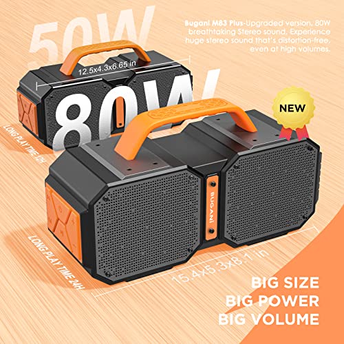 Bluetooth Speakers, Upgraded BUGANI M83 Plus Bluetooth Speaker, Portable Wireless Speakers with 80W Stereo Super Power Rich Bass Sound, 24H Playtime, IPX6 Waterproof, For Outdoor Travel, Camping,Party
