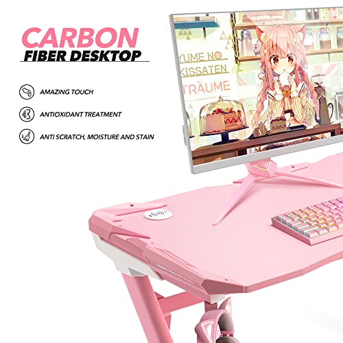 S*MAX Pink Gaming Desk and Pink Gaming Chair Adjustable High Back Ergonomic Gaming Desk with LED Lights