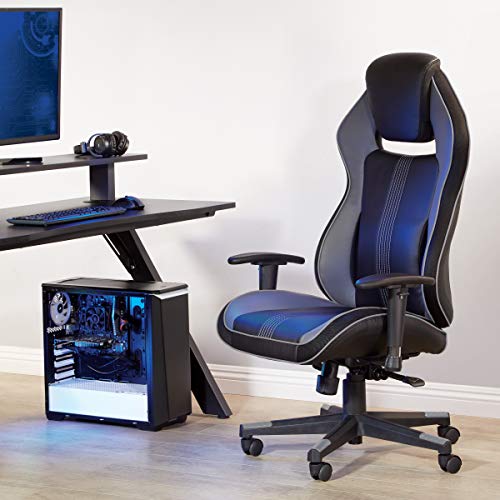 OSP Home Furnishings BOA II Ergonomic Adjustable High Back Gaming Chair with Thick Padded Coil Spring Seat, Built-in Lumbar Support and Headrest, Black with Grey Accents