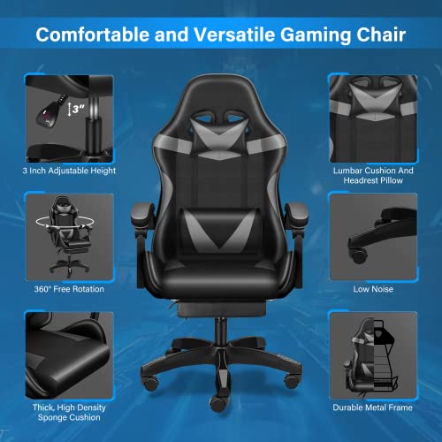 YSSOA FNGAMECHAIR01 Gaming Office High Back Computer Ergonomic Adjustable Swivel Chair with Headrest and Lumbar Support, with footrest, Black/Grey