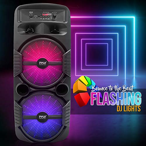 Pyle Portable Bluetooth PA Speaker System - 600W Rechargeable Outdoor Bluetooth Speaker Portable PA System w/ Dual 8” Subwoofer 1” Tweeter, Microphone In, Party Lights, USB, Radio, Remote - PPHP2835B