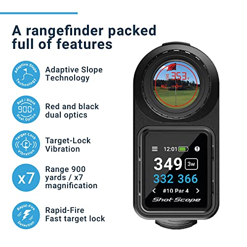 Shot Scope PRO LX+ Laser Rangefinder with Shot Tracking (Gray) - F/M/B Green and Hazard Distances - 100+ Statistics Including Strokes Gained - Adaptive Slope Technology - Red and Black Dual Optics