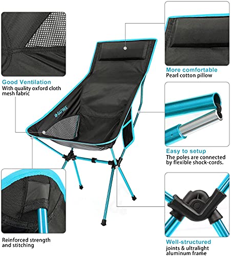 G4Free Lightweight Portable Camping Chair Outdoor Folding Backpacking High Back Camp Lounge Chairs with Headrest and Pocket for Sports Picnic Beach Hiking Fishing (Blue)