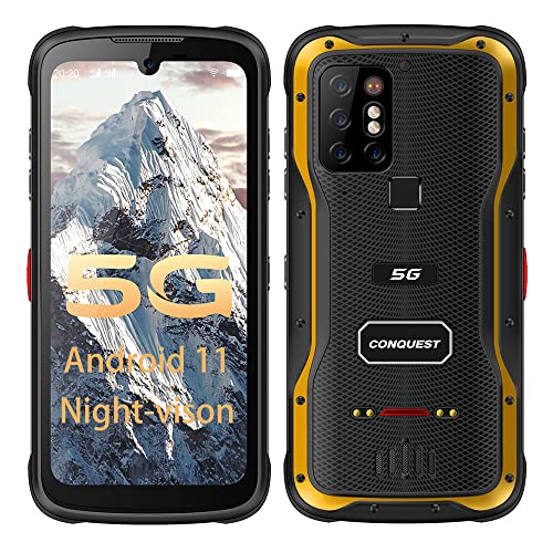 CONQUEST S20 5G Rugged Smartphone Unlocked Cell Phones Android 11, 8G+256G,IP 68 Waterproof 8000mAh Battery,IP68 Waterproof,48MP Quad Camera,6.3 Inch Screen,Dual SIM,NFC,POC Intercom(Yellow, 256G)