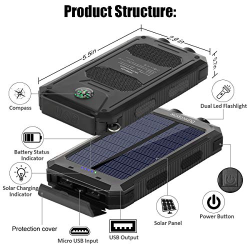 Solar Charger, Durecopow 20000mAh Portable Outdoor Waterproof Solar Power Bank, Camping External Backup Battery Pack Dual 5V USB Ports Output, 2 Led Light Flashlight with Compass (Black)