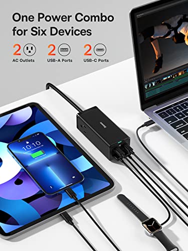 Baseus PowerCombo 100W, USB C Charger, All-in-One USB C Charging Station, Fast Portable Power Strip With 2-Outlets, 2 USB-C Ports, 2 USB Ports, for iPhone 13 Pro, Samsung S22, MacBook Pro, iPad, Black