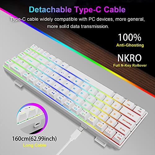 NPET K61 60% Mechanical Gaming Keyboard, RGB Backlit Ultra-Compact Wired Keyboard with Clicky Blue Switches for Computer/Laptop (68 Keys, White)