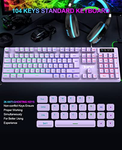 NPET K10 Gaming Keyboard, RGB Backlit, Spill-Resistant Design, Multimedia Keys, Quiet Silent USB Membrane Keyboard for Desktop, Computer, PC (Purple)