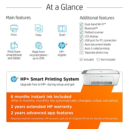 HP DeskJet 2755e Wireless Color All-in-One Printer with bonus 6 months Instant Ink with HP+ (26K67A), white