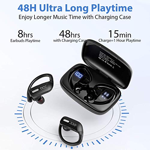 Wireless Earbuds occiam Bluetoth Headphones 48H Play Back Earphones in Ear Waterproof with Microphone LED Display for Sports Running Workout Black