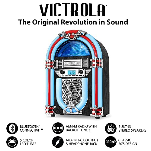 Victrola Nostalgic Wood Countertop Jukebox with Built-in Bluetooth Speaker, 50's Retro Vibe, 5 Bright Color-Changing LED Tubes, FM Radio, Wireless Music Streaming, AM/FM Radio, Aux Input