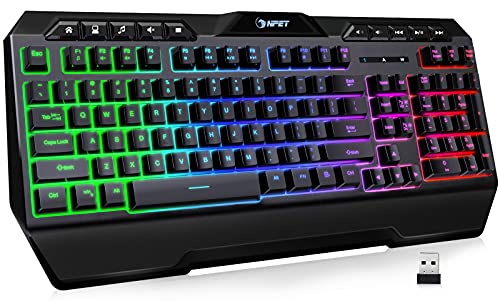 NPET K32 Wireless Gaming Keyboard RGB with Wrist Rest - Long-Lasting Rechargeable Battery - Quick and Quiet Typing - Water Resistant Backlit Wireless Keyboard for PC PS5 PS4 Xbox One Mac - Black