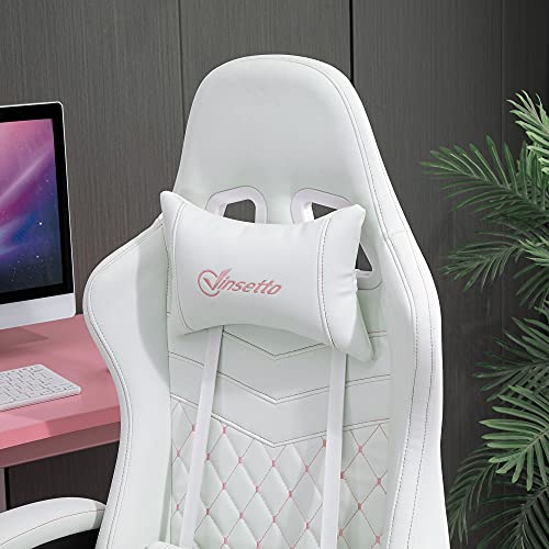 Vinsetto High Back PU Leather Gaming Chair, Racing Computer Chair with Swivel Wheels, Retractable Footrest, Headrest, Lumbar Support, and Armrest, White