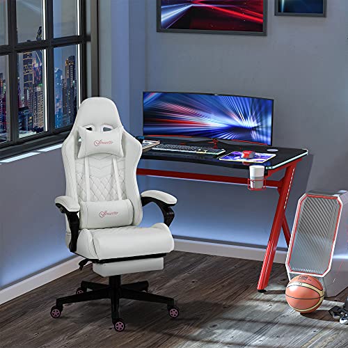 Vinsetto High Back PU Leather Gaming Chair, Racing Computer Chair with Swivel Wheels, Retractable Footrest, Headrest, Lumbar Support, and Armrest, White