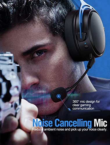 Wireless Gaming Headset, Noise Cancelling Mic, 3D Surround Sound, Dual Chamber Driver, Soft Memory Earmuffs, Long Battery Life, Over Ear Gaming Headphones for PC, Mac, Nintendo Switch, PS4/5, Blue.…