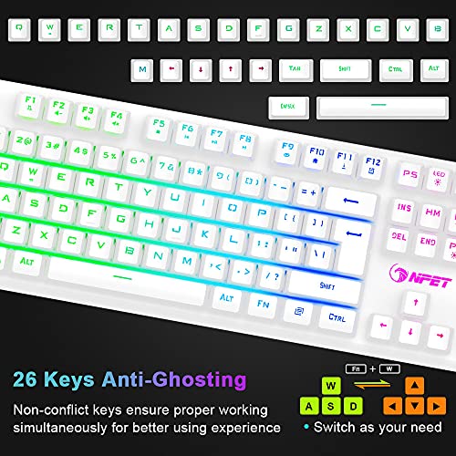 NPET S20 Wired Gaming Keyboard and Mouse Combo, LED Backlit Quiet Ergonomic Mechanical Feeling Keyboard, Gaming Mouse 6400 DPI, for Desktop, Computer, PC, White