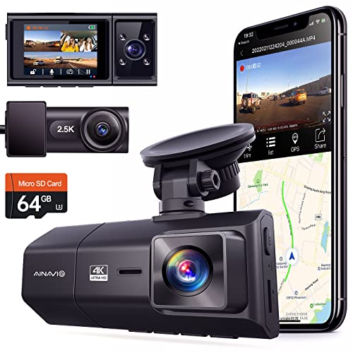 3 Channel 4K Dash Cam for Cars, 4K+2.5K Front and Rear Cabin, 1440P+1440P+1080P Triple Car Camera,Included 64GB Card, with GPS and WiFi Wireless , IPS Screen,24 Hour Parking Mode, APP,Night Vision,WDR