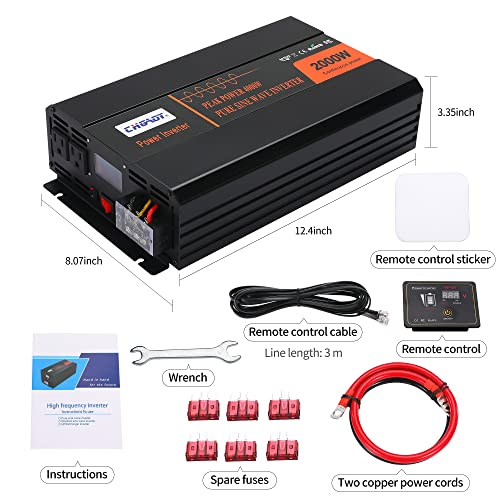 CHGAOY 2000W Power Inverter Pure Sine Wave Inverter DC 12V to 120V AC Car Inverter with LCD Digital Display Remote Control USB