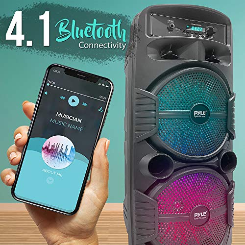 Pyle Portable Bluetooth PA Speaker System - 600W Rechargeable Outdoor Bluetooth Speaker Portable PA System w/ Dual 8” Subwoofer 1” Tweeter, Microphone In, Party Lights, USB, Radio, Remote - PPHP2835B