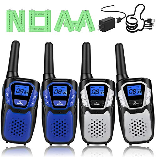 Walkie Talkies Rechargeable, 4 Pack Easy to Use Long Range Walky Talky for Adult Handheld Two Way Radio with NOAA for Hiking Camping (2Blue & 2Silver with Regular Micro-USB Charger/Battery/Lanyard)