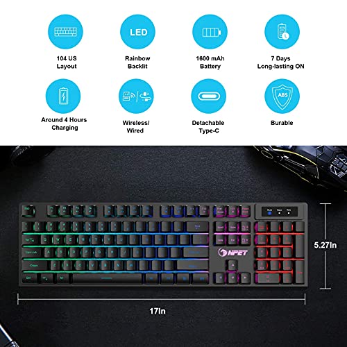 NPET K11 Wireless Gaming Keyboard and Wrist Rest Bundle