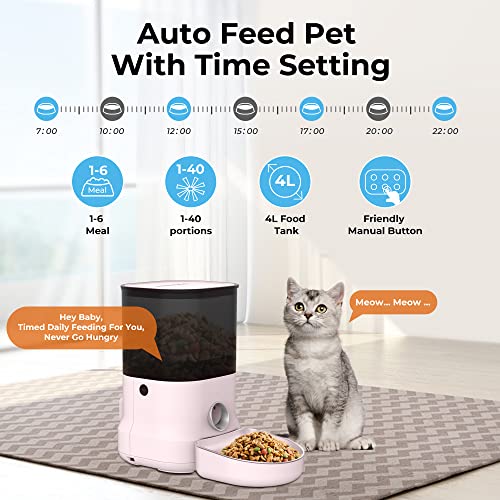 DOGNESS Automatic Timed Cat Feeder, 4L Automatic Dog Feeder with Timer, Pet Dry Food Dispenser with Stainless Steel Bowl, Up to 6 Meals a Day, 1-39 Portion per Meal, Secure Lock lid, Pink