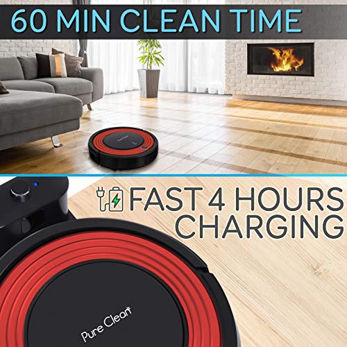 Robot Vacuum Cleaner and Dock - 1500pa Suction w/ Scheduling Activation and Charging Dock - Robotic Auto Home Cleaning for Carpet Hardwood Floor Pet Hair & Allergies Friendly - Pure Clean PUCRC95, Red