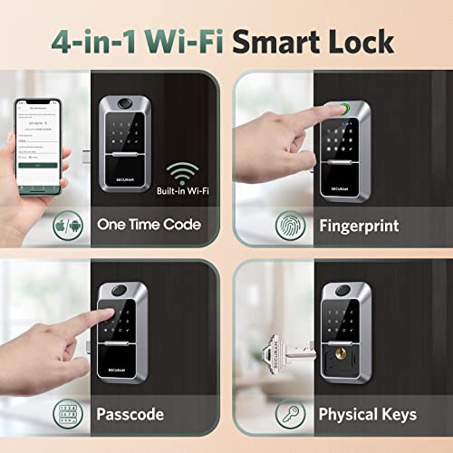 SECURAM Wi-Fi Smart Lock, Keyless Entry Deadbolt Door Lock | Fingerprint, Code and Voice Control with Alexa & Google | Works with Your Smart Home | Front Door (Silver)