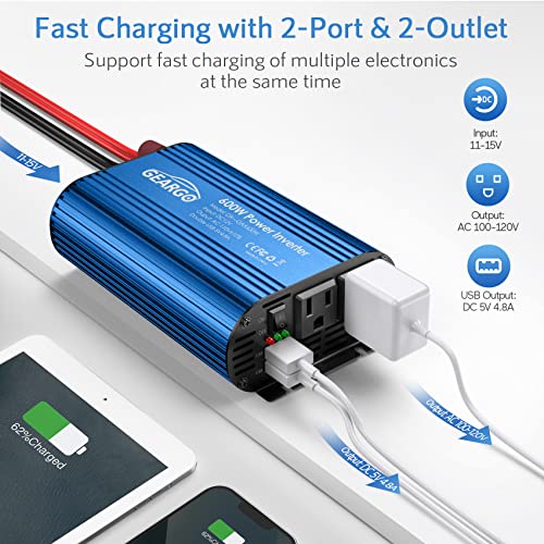 Geargo 600W Car Power Inverter DC 12V to 110V with 4.8A Dual USB Ports and 2 AC Outlets 12V Power Inverters for Vehicles （Blue）