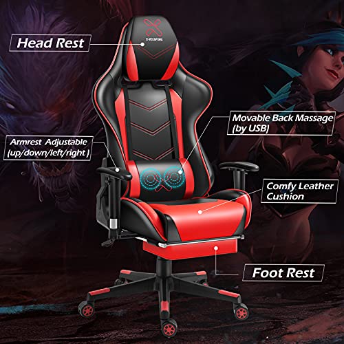 X-VOLSPORT Massage Gaming Chair with Footrest Reclining High Back Computer Game Chair with Lumbar Support and Headrest, Racing Style Video Gamer Chair Red