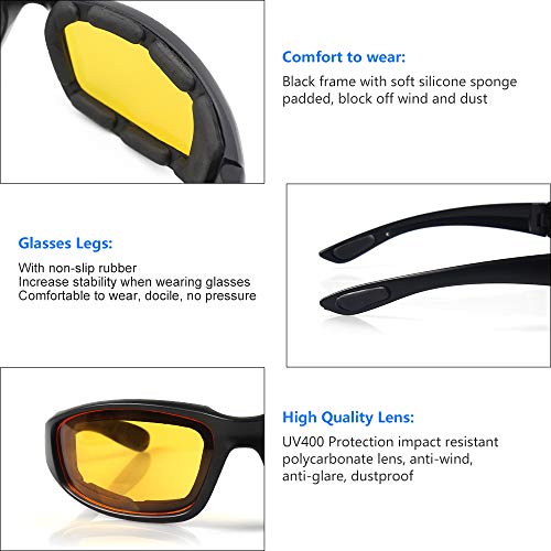 3 Pair Motorcycle Riding Glasses Padding Goggles UV Protection Dustproof Windproof Motorcycle Sunglasses with Clear Smoke Yellow Lens for Outdoor Sports Actives