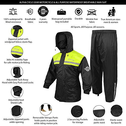 Alpha Cycle Gear Rain Suit for Men & Women Jackets Pant Gear Reflective Rainsuit Waterproof (GREEN, SMALL)