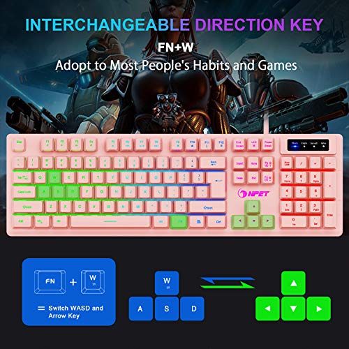 NPET K10 Gaming Keyboard, LED Backlit, Spill-Resistant Design, Multimedia Keys, Quiet Silent USB Membrane Keyboard for Desktop, Computer, PC (Pink)