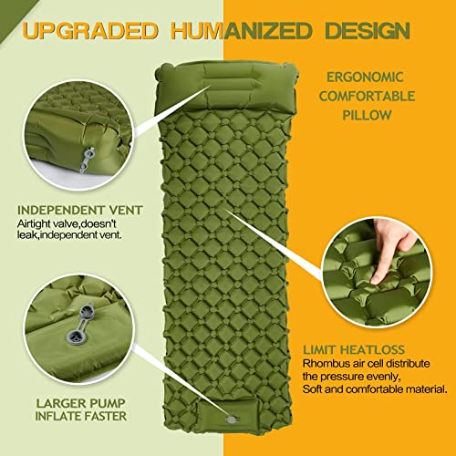 Camping Sleeping Pads, Large Ultralight Camping Mat with Pillow Built-in Pump, Waterproof Compact Inflatable Camping Mattress for Backpacking, Hiking, Traveling(Green)