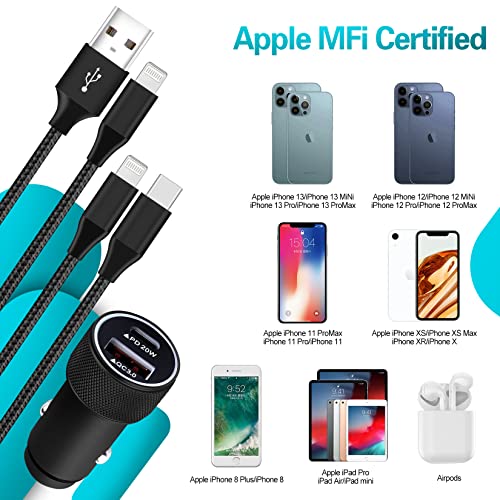 iPhone 13 14 Car Charger,USB C Car Charger [Apple MFi Certified] 38W Dual Port Metal Fast Car Charger Adapter with 2Pack Super Quick Lightning Cable for iPhone 14/14 Plus/13/13Pro/12Mini/11/SE/Airpods