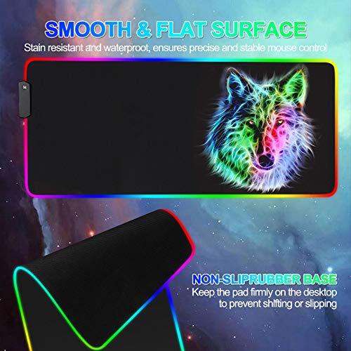 RGB Mouse Pad,Gaming Mouse Pad RGB,Cool Animal LED Mousepad-14 Light Modes Soft Non-Slip Base Large LED Mouse Mat for Laptop Computer PC Games 31.5 X 12 inches (RGB Wolf Mouse Pad)