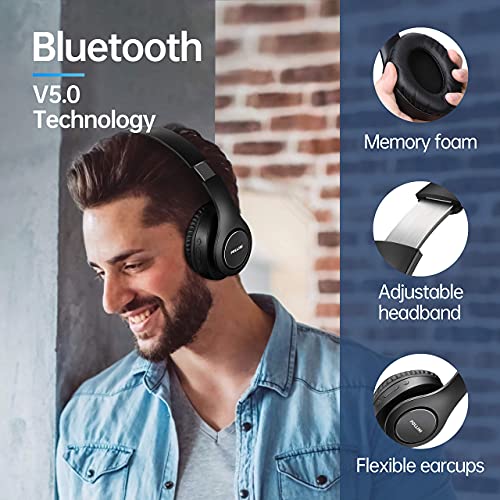 Bluetooth Headphones Wireless, pollini 40H Playtime Foldable Over Ear Headphones with Microphone, Deep Bass Stereo Headset with Soft Memory-Protein Earmuffs for iPhone/Android Cell Phone/PC (Black)