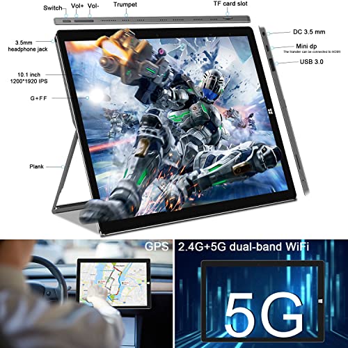 Tablet 10 Inch Windows 10 Tablets with Keyboard Mouse 4GB DDR 64GB Storage 1200X1920 IPS FHD Screen, Dual Camera 3500mA HDMI, BT GPS, 2 in 1 Tablet PC Mini Computer Portable Laptop (Gray)