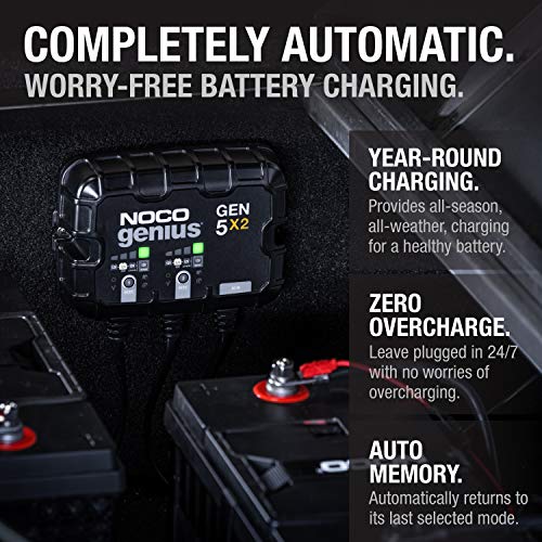 NOCO Genius GEN5X2, 2-Bank, 10-Amp (5-Amp Per Bank) Fully-Automatic Smart Marine Charger, 12V Onboard Battery Charger, Battery Maintainer and Battery Desulfator with Temperature Compensation