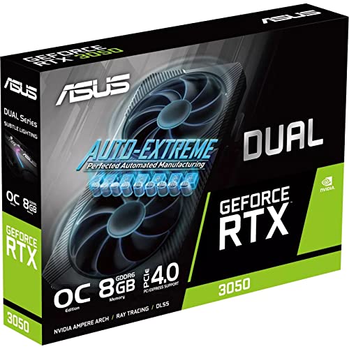 ASUS Dual NVIDIA GeForce RTX 3050 OC Edition Gaming Graphics Card - PCIe 4.0, 8GB GDDR6 Memory, HDMI 2.1, DisplayPort 1.4a, 2-Slot Design, Axial-tech Fan Design, 0dB Technology, Steel Bracket