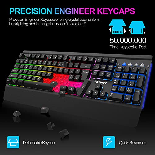 NPET K510 Gaming Keyboard, Wired LED Backlit Computer Keyboard with Ergonomic Wrist Rest, 12 Multimedia Keys & 19 Keys Anti-ghosting USB Full Size Rainbow Keyboard for Laptop/Desktop/PC